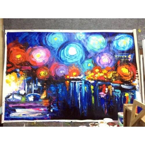 Bigger Size in Stock Handmade Starry Sky Landscape Oil Painting on Canvas for Living Room Decoration Knife Painting Wall Art