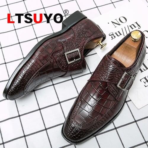 Mens leather crocodile pattern business casual shoes, fashionable buckle large size mens shoes, high-end classic formal shoes