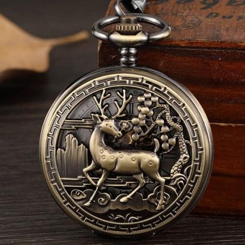 Vintage Carved Deer Hollow Steampunk Mechanical Pocket Watch Men Retro Double-sided Chain Necklace Fob Hand Watch Pendant Gift