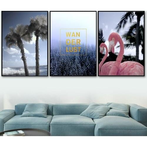 Sea Coconut Tree Forest Pink Flamingo Wall Art Canvas Painting Nordic Posters And Prints Wall Pictures For Living Room Decor