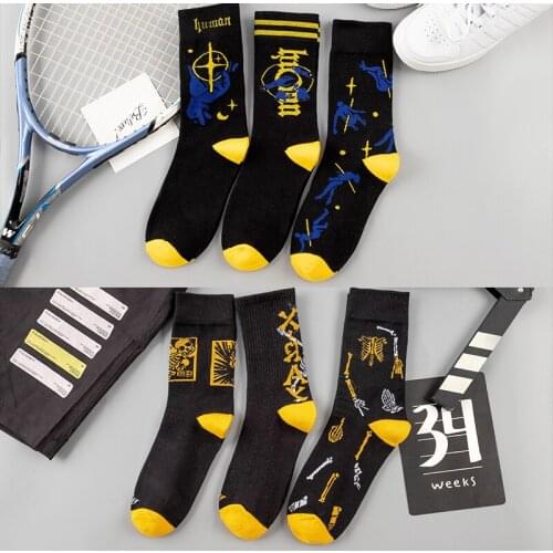 Socks Womens Tube Socks inscriptions Street Skeleton Rock Breathable Starry Sky Hip hop Cotton Cartoon Autumn Mens Black Socks