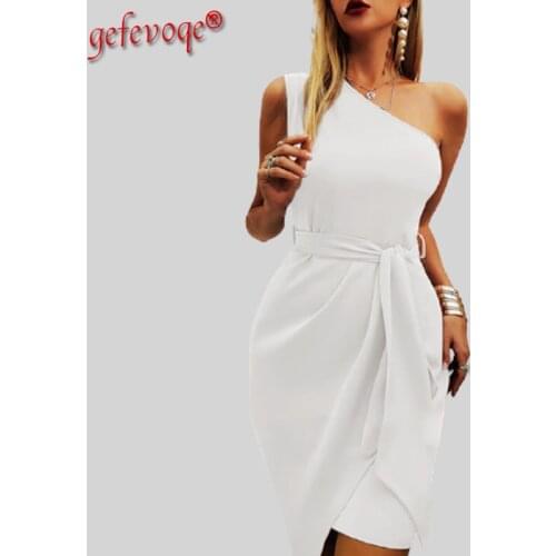 2021 New Womens Elegant Asymmetrical Dresses Lady Fashion Inclined Shoulder Temperament Solid Sleeveless Belt Party Midi Dress