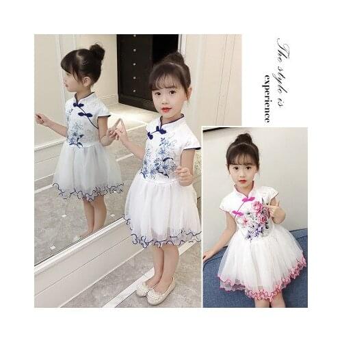 New girls baby short sleeve dress princess dress summer children cheongsam costume princess little girl net yarn lace dress
