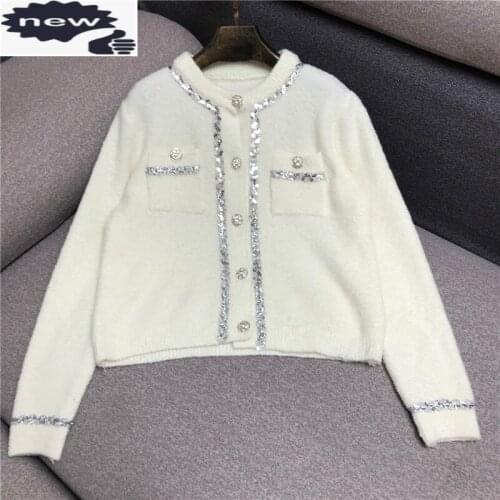 Single-Breasted Female Cardigan New Fashion Sequins Diamond Womens Sweater Pockets Korean Style Warm Woman Autumn Winter Jacket