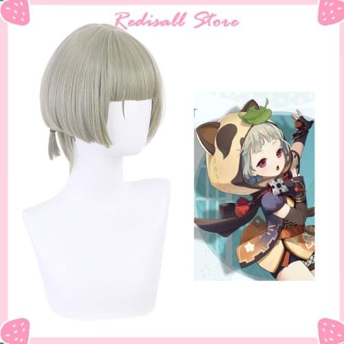 Genshin Impact Sayu Wig Cosplay Short Grey Light Green Heat Resistant Synthetic Hair Adult Free Wig Cap