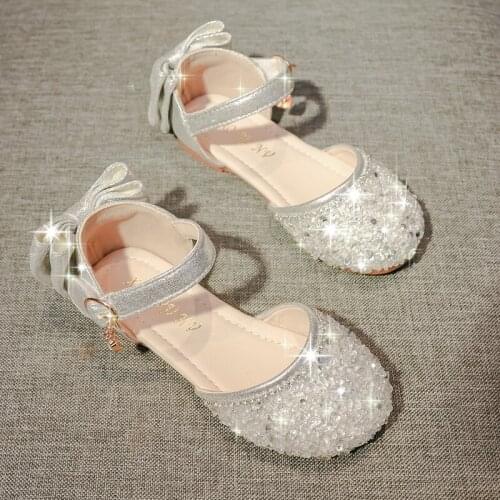 Bling little girls 3D glitter flats sweet bow back ankle strap silver pink wedding flower girl princess birthday party shoes