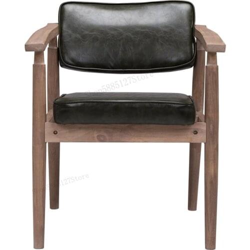 Solid Wood Retro Old Beige Backrest Chair European Style Armrest Cafe Restaurant Dining Chair Study Leisure Chair