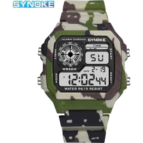 Synoke Sport Watches Men Military Clock Student Boys Camouflage Green 3 Bar Waterproof Alarm Date LED Light Digital Wristwatch