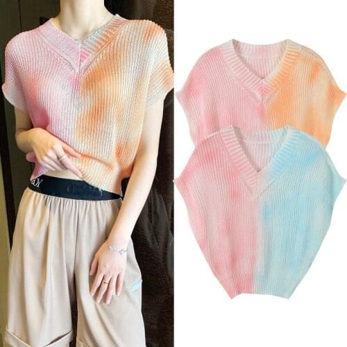 2020 summer women designer Tie-dye v-neck fashion knitted sweaters batwing short sleeve slim kintting top JC475