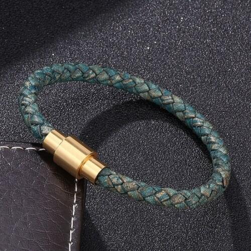 Vintage Color Braided Leather Charm Bracelet Women Men Jewelry Gold Color Magnetic Clasp Fashion Wristband Bangles Gifts S0251