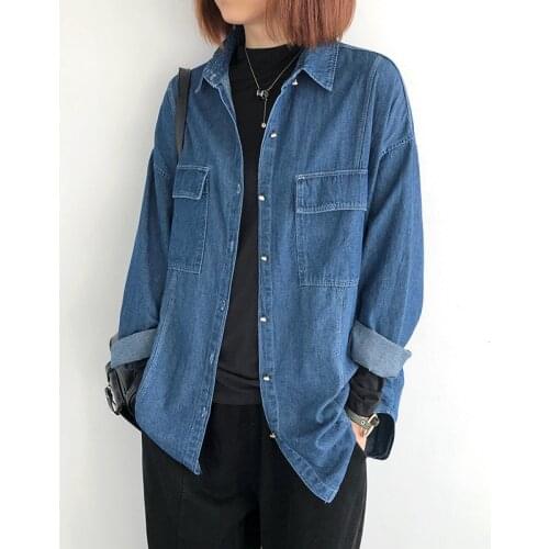 Women Denim Coats Blue Autumn Thin Casual Loose Cotton Long Sleeve Shirts Pockets Korean Style Fashion Office Lady Tops Cowboy