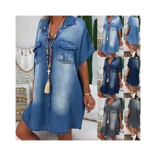 Women Summer Denim Dresses Ladies Plus Size Loose Jeans Dresses Shorts Sleeve Button Shirt Dress