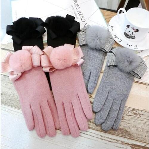 Womens autumn winter thicken warm rabbit fur ball wool gloves ladys touchscreen cashmere glove winter driving glove R2259