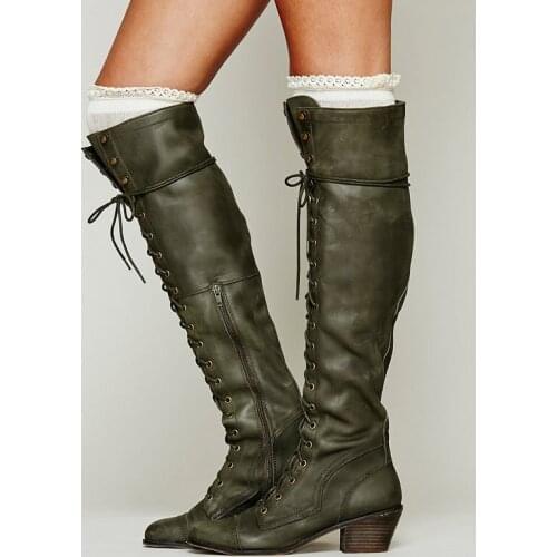 Hot Selling Women Riding Knee-High Fall Winter Boots Lace up Crossed-tied Solid Color Shoes Big Size