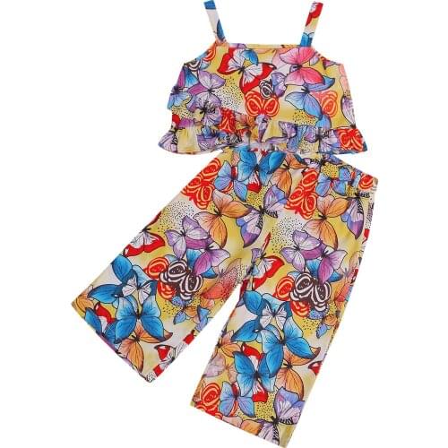 2021 4-10Y Fashion Kids Baby Girl Clothing Colorful Butterfly Sleeveless Top Vest+Wide Leg Pants Summer Holiday 2pcs Outfits Set