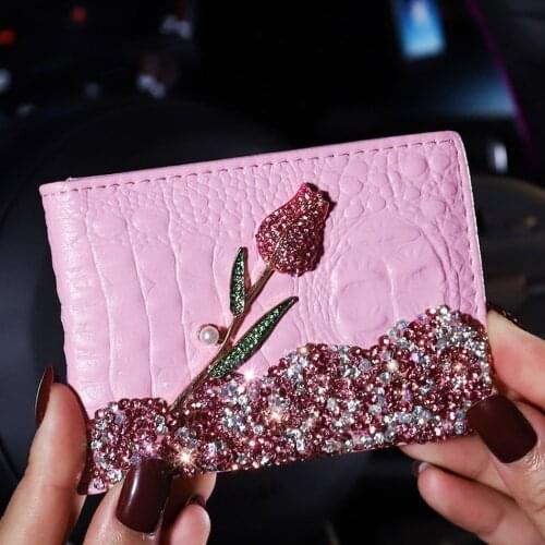 2021 Leather Diamond Car Driver License Cover Driving Documents Card Credit Case Car Decor Bling Pink Car Accessories for Girls