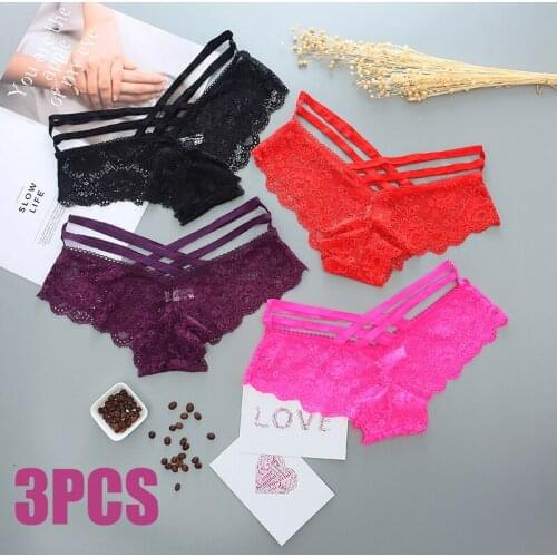 3Pcs/set Lace Panties Women Fashion Girls Briefs Comfortable Cross Strap Lingerie Womens Underpants Low Waist Underwear