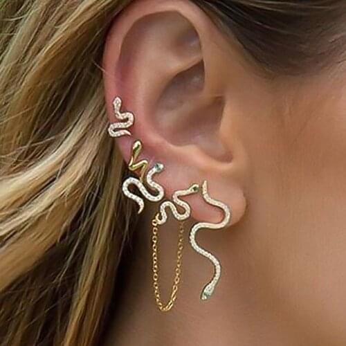 5 pcs/lot Super Snake Earrings for Women Gold Silver Color Crystal Snakes Tassel Earrings Helix Piercing Clip Chain Ear Jewelry