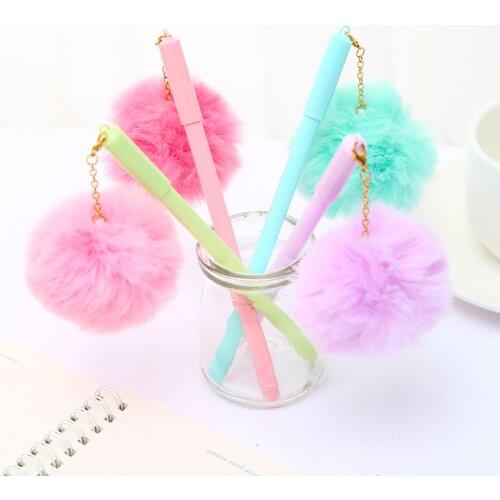 Cool Funny Kawaii Cute Fluffy Ball Gel Pen Pendant Blue Kawai Stationery School Supply Stationary Office Accessory Wedding Thing