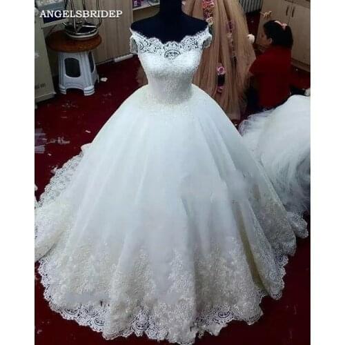 ANGELSBRIDEP Boat-Neck Ball Gown Wedding Dresses Vestido De Noiva Formal Applique beaded Court Train Bridal Gowns Lce-up Back