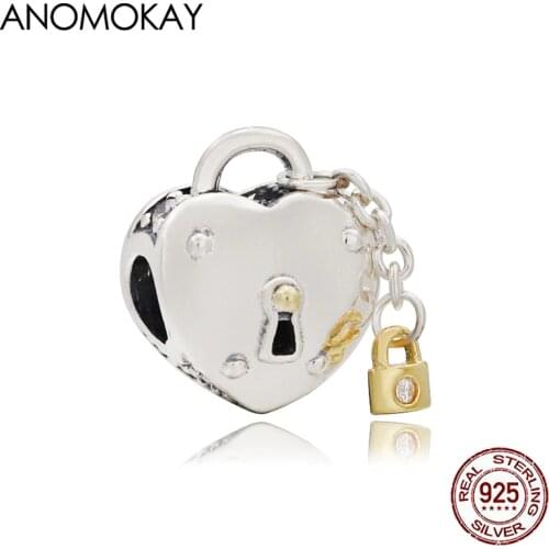 Anomokay Romantic Silver Chain Pendant with Gold Color Lock Real Sterling 925 Silver Heart Lock Beeads for DIY Bracelet & Bangle
