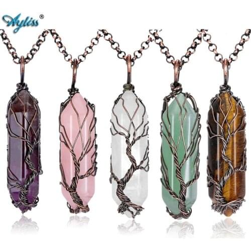 Ayliss New Handmade Copper Wire Wrapped Tree of Life Necklace Natural Crystal Pillar Pendant Gem Stones Pendant Necklace Jewelry