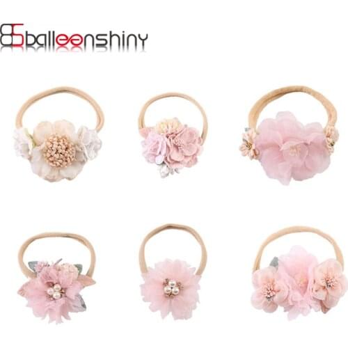Balleenshiny Pearl Baby Headband Flower For Girl Handmade Bundle Nylon Elastic Hair Band Baby Headdress Newborn Hair Accessories