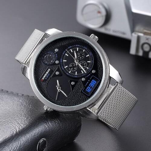 Brand Luxury Men Watches Big Dial Steel Strip Dual Time Display Army Quartz Military Sport Wristwatch Man Relogio Masculino