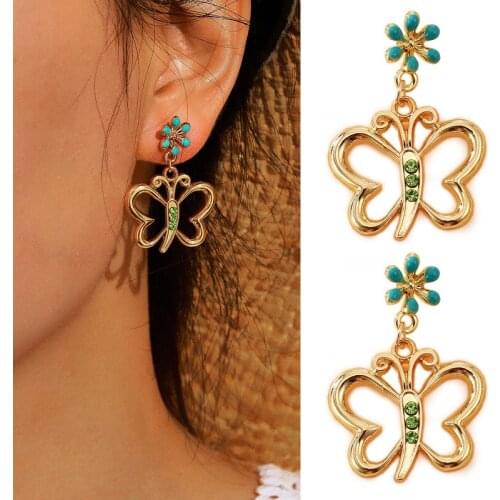 Flower Butterfly Stud Earring Women Elegant Sweet Ear Earring Simple Green Zircon Butterfly Earrings Gold Plated Jewelry