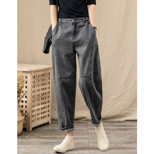 2021 Spring Korea Fashion Women High Waist Loose Vintage Gray Jeans All-matched Casual Cotton Denim Harem Pants Plus Size