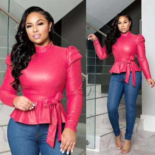 Elegent Fashion Bandage PU Leather Blouse Windproof Casual Winter Ladies Turtleneck Top Female Women Long Sleeve Blusas Pullover