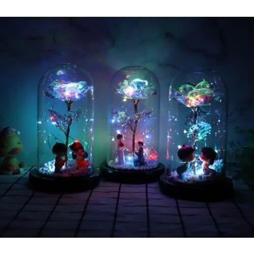 24K Gold Foil Rose Flower Beauty and the Beast Red Rose in a Glass Dome on a Wooden Base for Valentines Gifts 5 Styles