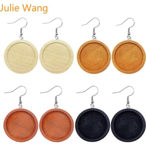 Julie Wang 25mm Wood Cabochon Base Settings Glass Cabochon Stainless Steel Ear Hooks Blank Tray Earring Jewelry Making Accessory