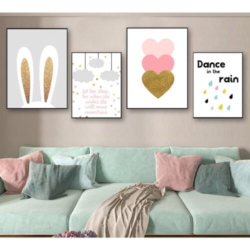 Painting Wall Picture Kids Living Room Decoration Cartoon Rabbit Pink Heart Wall Art Canvas Nursery Quotes Print Nordic