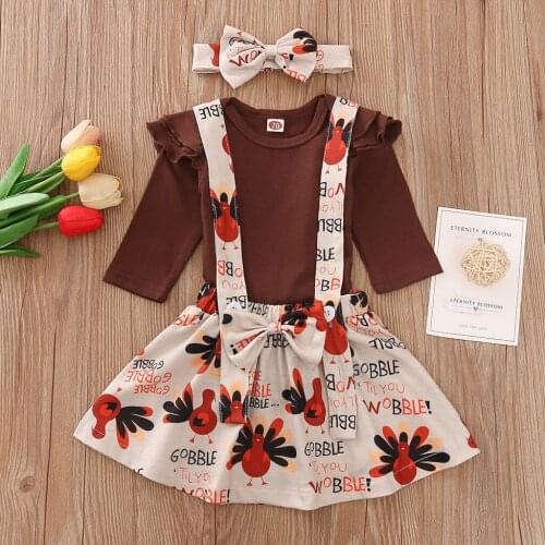 Baby Girl’s Skirt Three Piece Suit Fashion Solid Color Long Sleeve Jumpsuit Turkey Print Suspender Skirt and Headband ropa bebe
