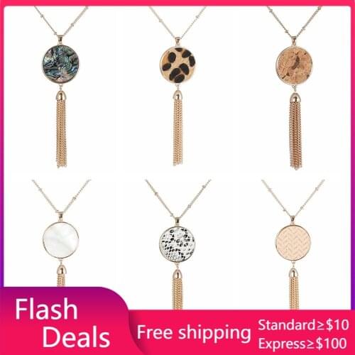 Abalone shell Leopard Round Pendant Necklace snakeskin leather wood grain Tassels Long Chain Necklaces designer Brand Jewelry