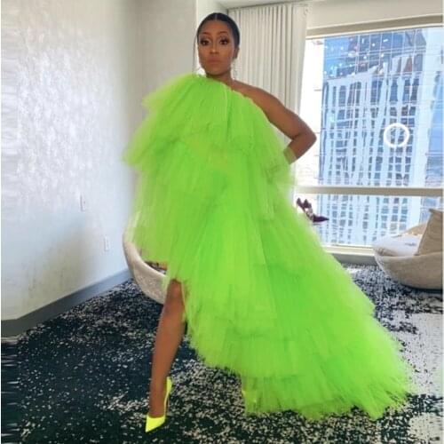 Hot sale Fluorescent green High Low Evening Party Dresses Chic Puffy Ruffle Formal Gown Layered Women Long Skirt Custom Made