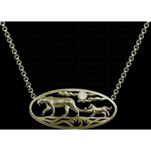 Trendy African Sunset - The lioness and the cub - Silver gold pendant and necklace