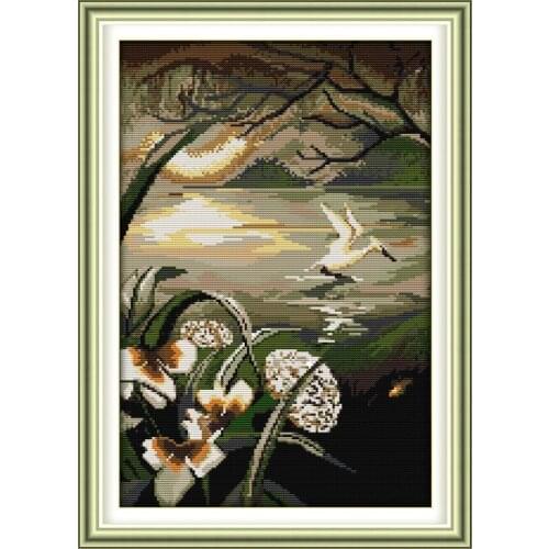 Moonlight over the Lotus Pond cross stitch kit lanscape garden 14ct 11ct count printed canvas stitching embroidery needlework