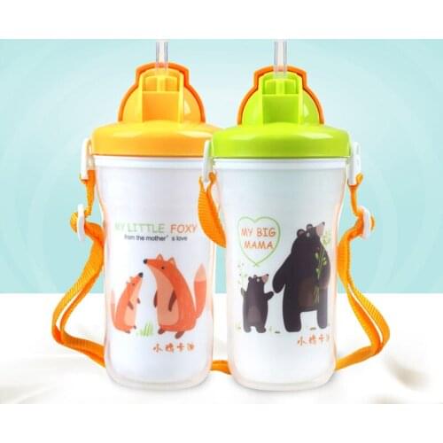 Shatter-proof carton spill-proof heat-resistant straw double-layer belt 180-240ml water bottle sippy baby cup on sale KD3307