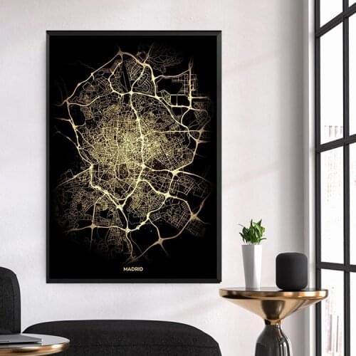 City Map Poster Abstract Golden Glow Black Print Wall Art Poster Modern Style Guide Canvas Painting Home Decor Printings