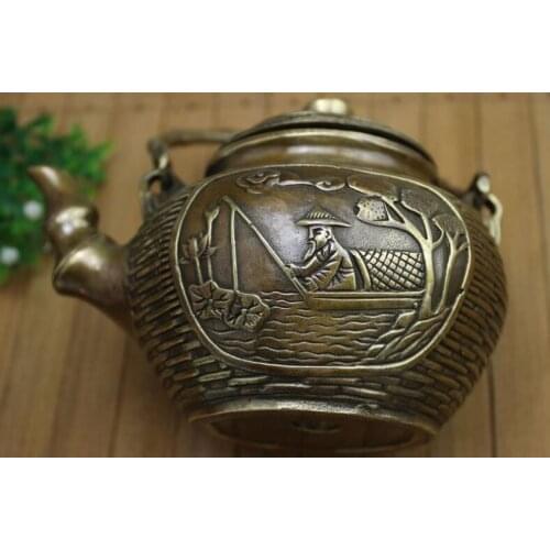 Miscellaneous antiques collection bronze retro pure brass ornaments jiangtaigong fishing hand-held pot