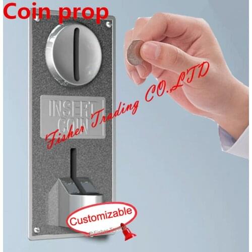 Room escape game prop, coin prop, insert coin to escape, drop coin into slot to leave the dark room