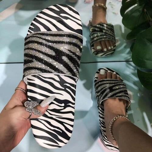 Zebra Sandals Summer Open Toe Rhinestone Slippers Comfortable Womens Shoes Outdoor Plus Size