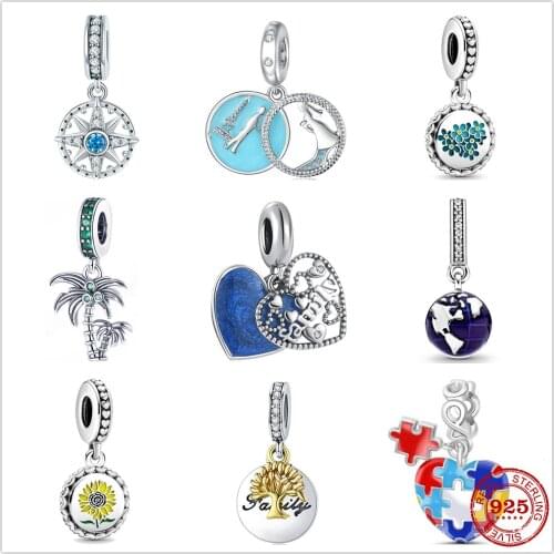 The new Silver Shiny Compass blue planet four-leaf clover fit Pandora Charm Silver 925 Bead Bangle with stylish DIY jewelry