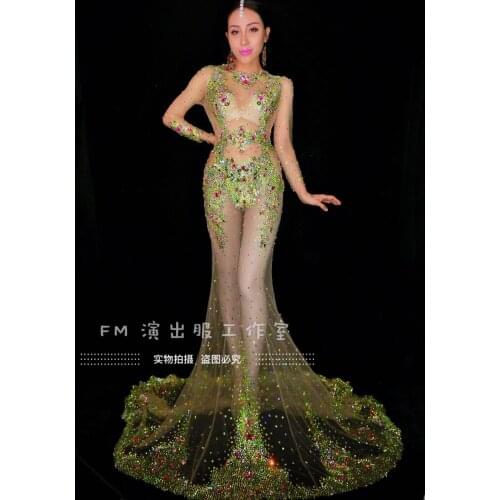 Rhinestones Long Tail Dress Women See Through dresses Women Birthday Celebrate Transparent Dress Prom Mesh Stretch OutfitWomen S