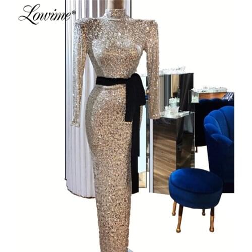 Celebrity Evening Dress Silver Sequined Long Sleeves Prom Dresses Sparkly African Party Dress 2020 Custom Made Robe De Soiree