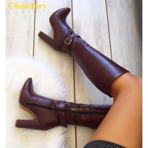 Choudory Chunky Heels Buckle Strap Knee High Boots Wine Red Black Matte Leather Long Boots Thick High Heels Fall Winter Shoes