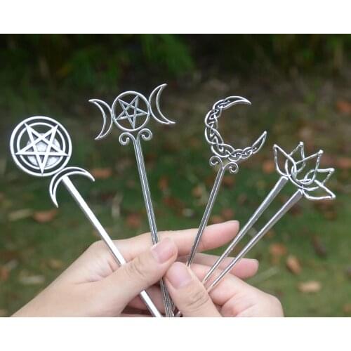 Witch Celtics Crescent Moon Pentagram Lotus Hair Sticks Magic Mysterious Hairpin Wiccan Pagan Gothic Hair Jewelry For Gift