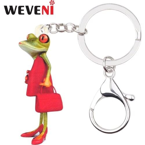 WEVENI Acrylic Red Dress Lady Frog Key Chain Keychains Ring Fashion Animal Jewelry For Women Girls Bag Car Charms Gift Wholesale